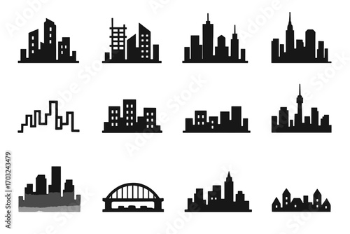 City skyline construction rooftops business building vector radio icon silhouettes crossing