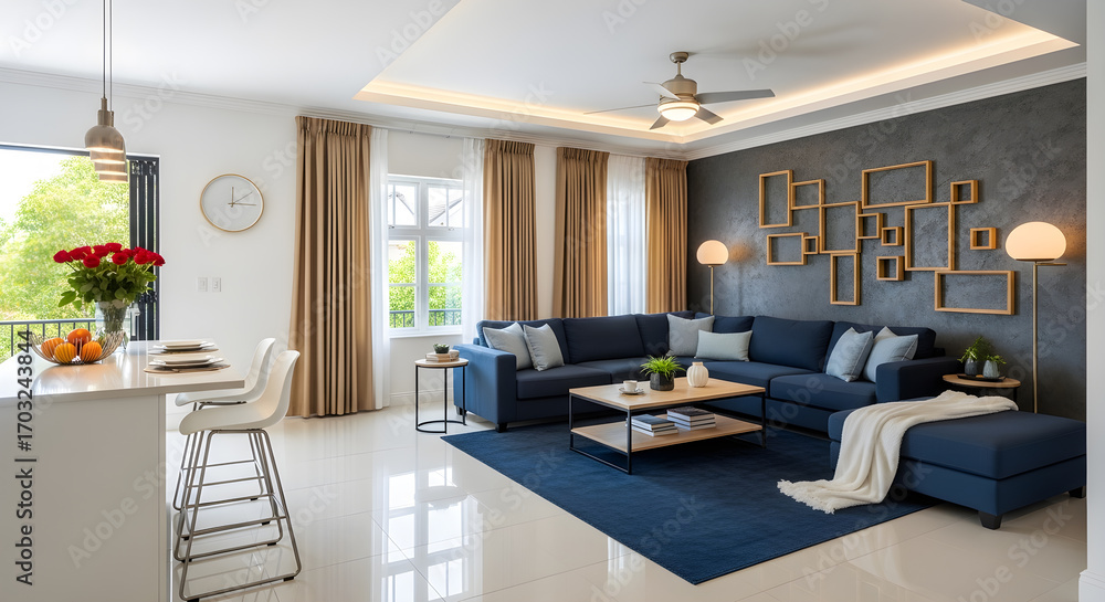 Fototapeta premium A spacious and modern living room with a large blue sectional sofa, a coffee table, and decorative wall art.