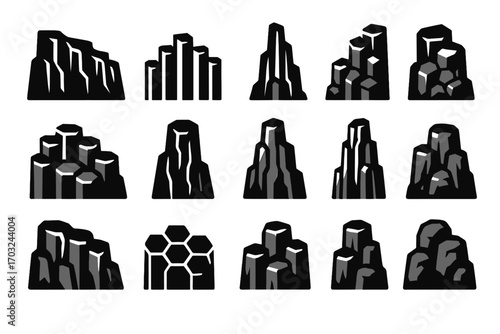 Shadows basalt icon vector layered cliff hex broken set natural crack rock