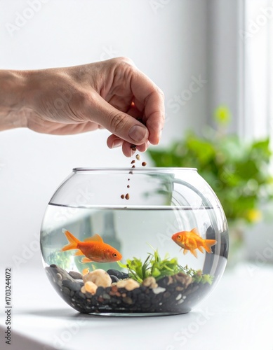 Close-up of human hands sprinkling food into a small glass aquarium, with goldfish swimming gracefully in the water, depicting the daily care of a pet.

