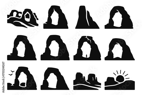 Icon landscape arches desert vector birds arch cracked sandstone icons figure giant