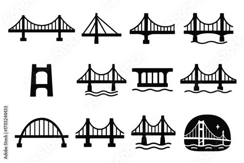 Tower vector bridge deck structure over suspension icon silhouette outline icons profile
