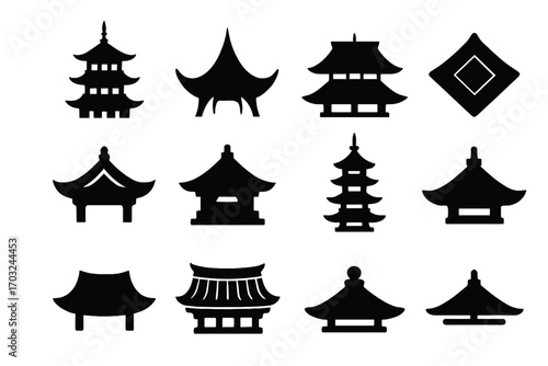 Ornament roof icon pagoda curved minimal vector vertical silhouette icons detail