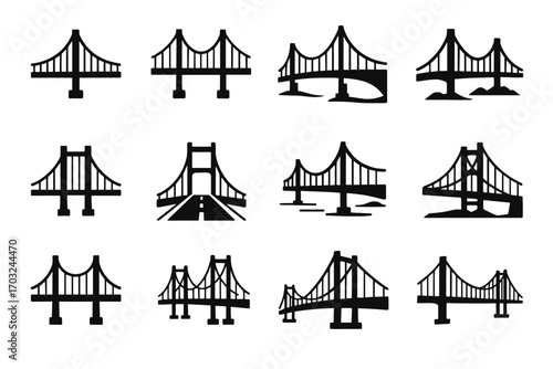 Profile bridge design scene icon beam vector suspension central arc silhouette icons