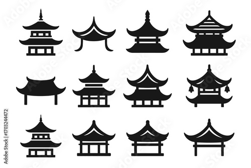Structure wooden icon bells pagoda asian roof layered tiered icons vector