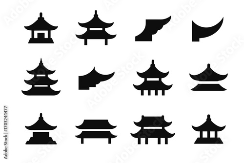Roof roofing vector temple pagoda compact cross curved silhouette icon ends