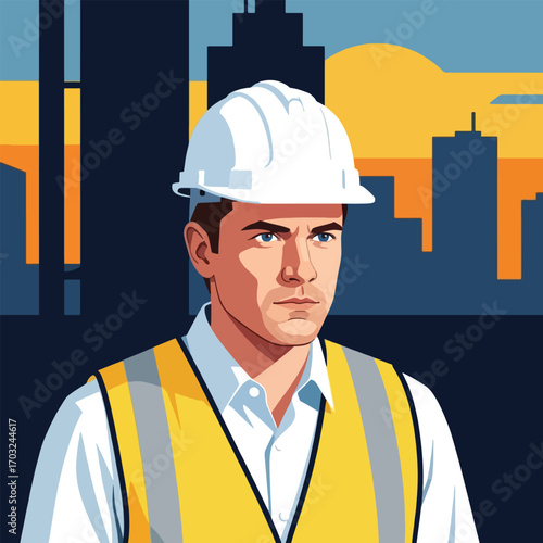 Illustration of a construction worker wearing a hard hat and safety vest, with a city skyline background.