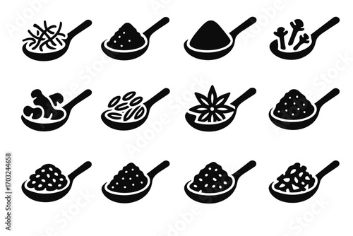 Dust powder turmeric paprika spoons clove cumin black pepper vector icons icon