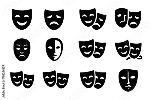 Theatre comedy symbol vector drama icons tragedy icon mask theatrical masks shadowed