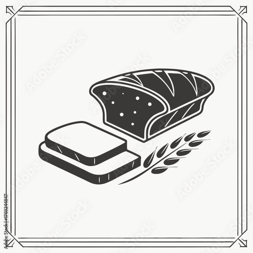 Freshly baked loaf of bread with slices and wheat sprig illustration.