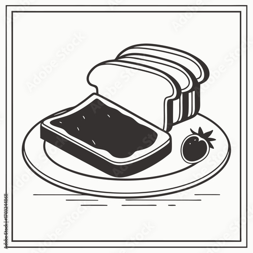 Simple illustration of toast with jam and a strawberry on a plate.