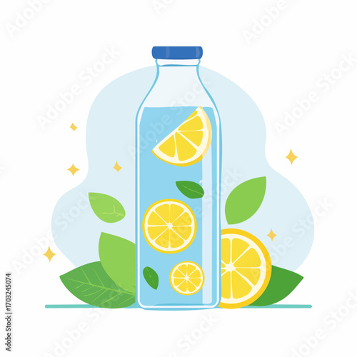 A refreshing glass bottle of detox lemon and mint infused water for a healthy lifestyle, depicted in a flat vector illustration
