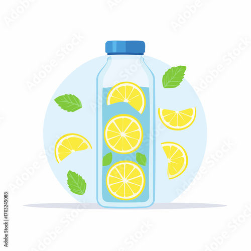 A vibrant flat vector illustration of a bottle of refreshing lemon and mint infused water, a healthy detox drink for hydration and wellness