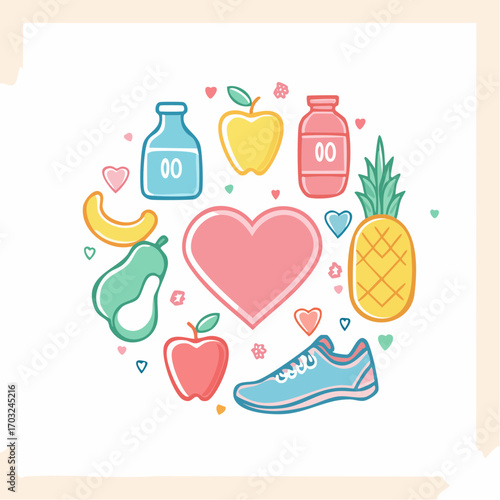 A charming flat design illustration representing a balanced and active lifestyle with nutritious food, fruits, and exercise for heart health and wellness