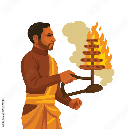 Indian Man Performing Aarti Ceremony with a Traditional Lamp