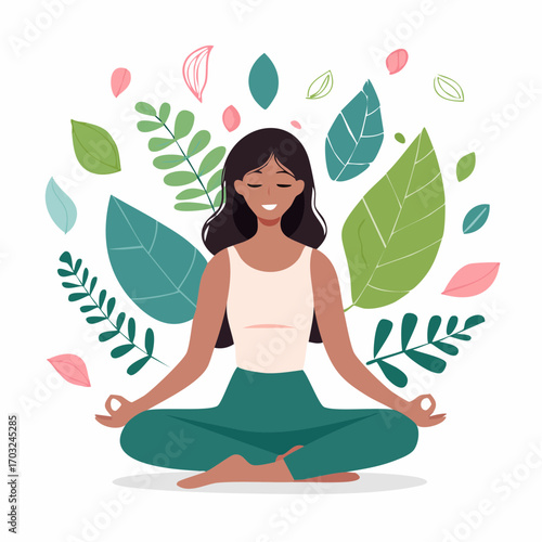 Illustration of a woman in lotus pose meditating peacefully surrounded by green leaves for mindfulness and well-being