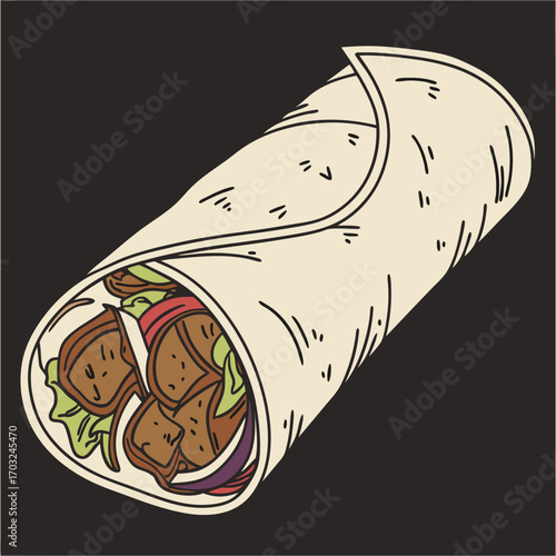 Delicious shawarma wrap with savory meat and fresh vegetables.