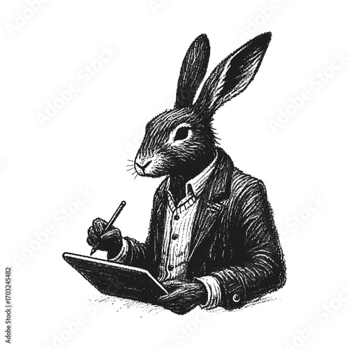 Cute Rabbit Writing with Feather Pen Illustration