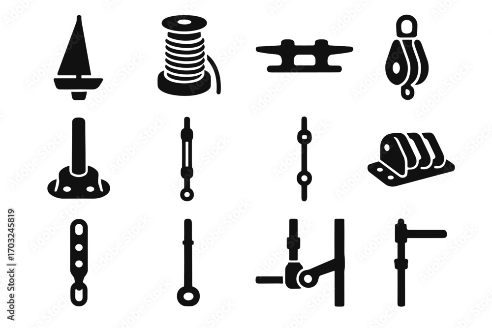 Obraz premium Icon furling anchors roller vector foot sailing block rope set forestay mast