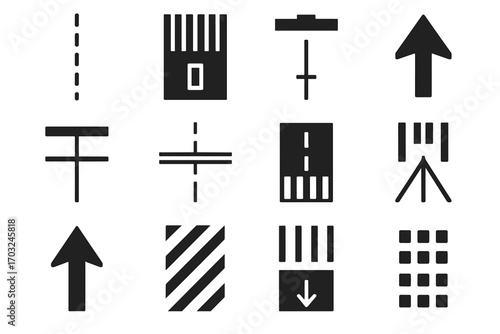 Runway signs icons zone vector number aiming threshold bars point line icon