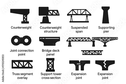 Balanced overlay counterweight cantilever connection tower vector bridge detail joint icon icons