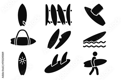 Icon vector broken surfboard profile wax fin decal collection configuration comb