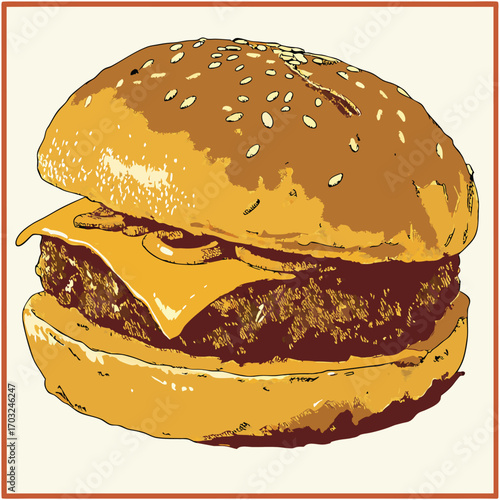 Stylized pop art illustration of a classic cheeseburger with sesame bun.