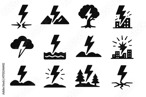 Lightning electric hitting water vector icon crack sky set silhouette thunder