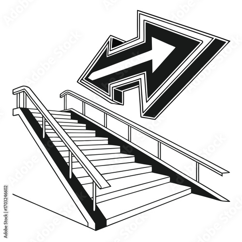 Staircase with arrow pointing right direction for guidance and movement.