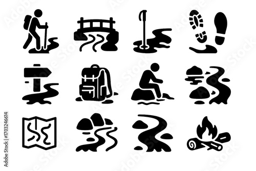 Backpack vector hiker map campfire icon crossing hiking stream curve path set