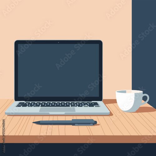 Minimalist illustration of a modern workspace featuring a laptop, coffee cup, and stylus on a wooden desk.