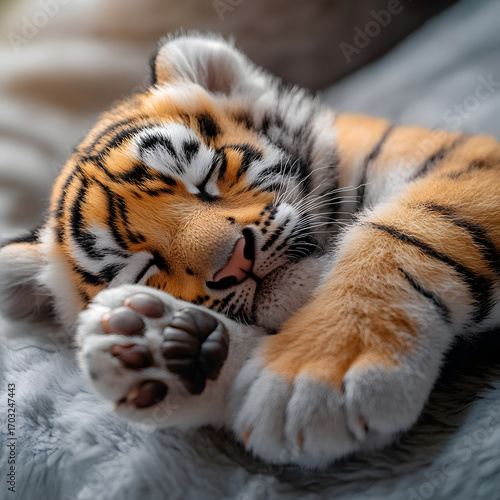 Close-up of a sleeping tiger cub with paw raised, lying on a soft blanket, showcasing vibrant orange fur with black stripes.