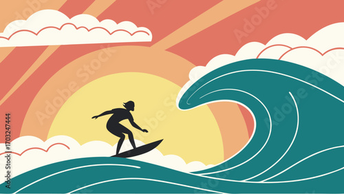 Surfer riding a wave at sunset, silhouette of a person on a surfboard, ocean wave, beautiful sunset, summer activity.