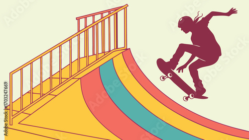 Skateboarder performing an ollie trick on a colorful ramp.