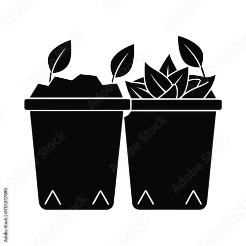 Compost recycling bins with leaves and natural fertilizer vector silhouette on white background