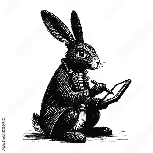 Cute Rabbit Writing with Feather Pen Illustration