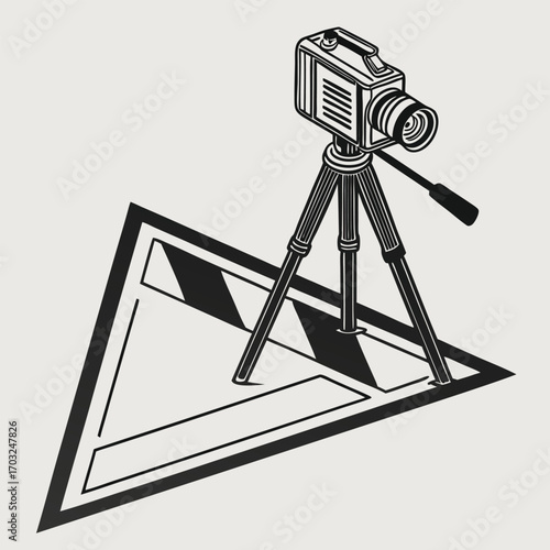 Vintage film camera on tripod with a warning sign.