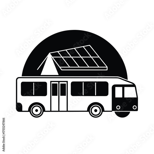 Eco friendly electric bus near recycling facility vector silhouette on white background