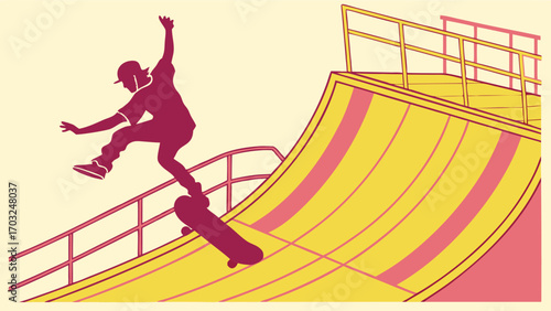 Skateboarder performing a trick on a ramp with dynamic movement and style.