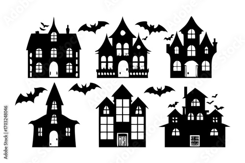 Set of spooky haunted houses and bats silhouette