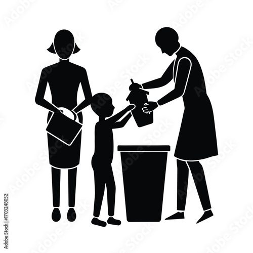 Family separating paper plastic and glass into recycling vector silhouette on white background