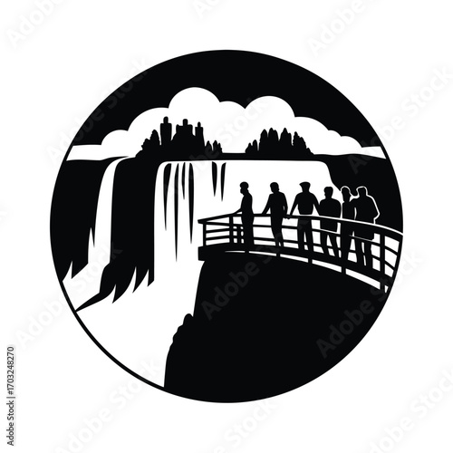 Iguazu falls waterfall with tourists on viewing platform vector silhouette on white background
