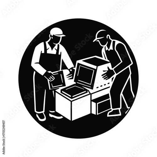 Industrial workers processing e waste in recycling plant vector silhouette on white background