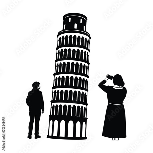 Leaning tower of pisa with tourists taking photos vector silhouette on white background