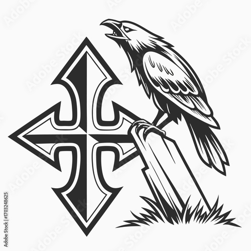 A black and white illustration of a raven perched on a stone next to a gothic cross symbol.