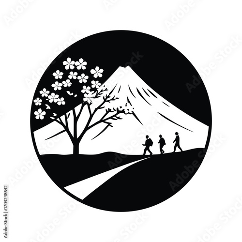 Mount fuji with cherry blossom trees and tourists visiting vector silhouette on white background