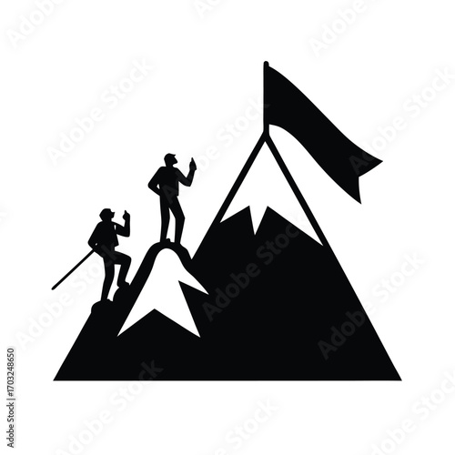 Mount everest climbers with flag standing on peak vector silhouette on white background