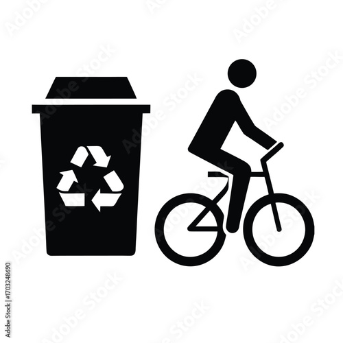Person cycling near recycling bins with eco friendly action vector silhouette on white background