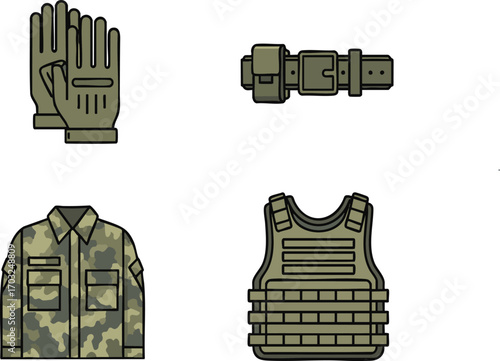 Military gear including gloves, belt, jacket, and vest arranged on white surface represents readiness and protection in modern warfare.