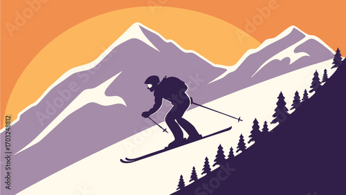Silhouette of a skier descending a snowy mountain slope.